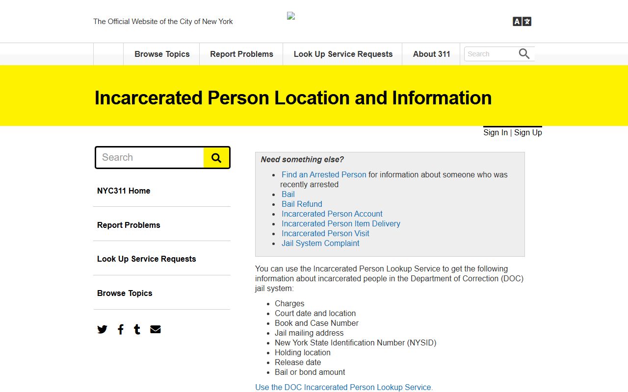 Richmond County inmate population NYC311 lookup field information