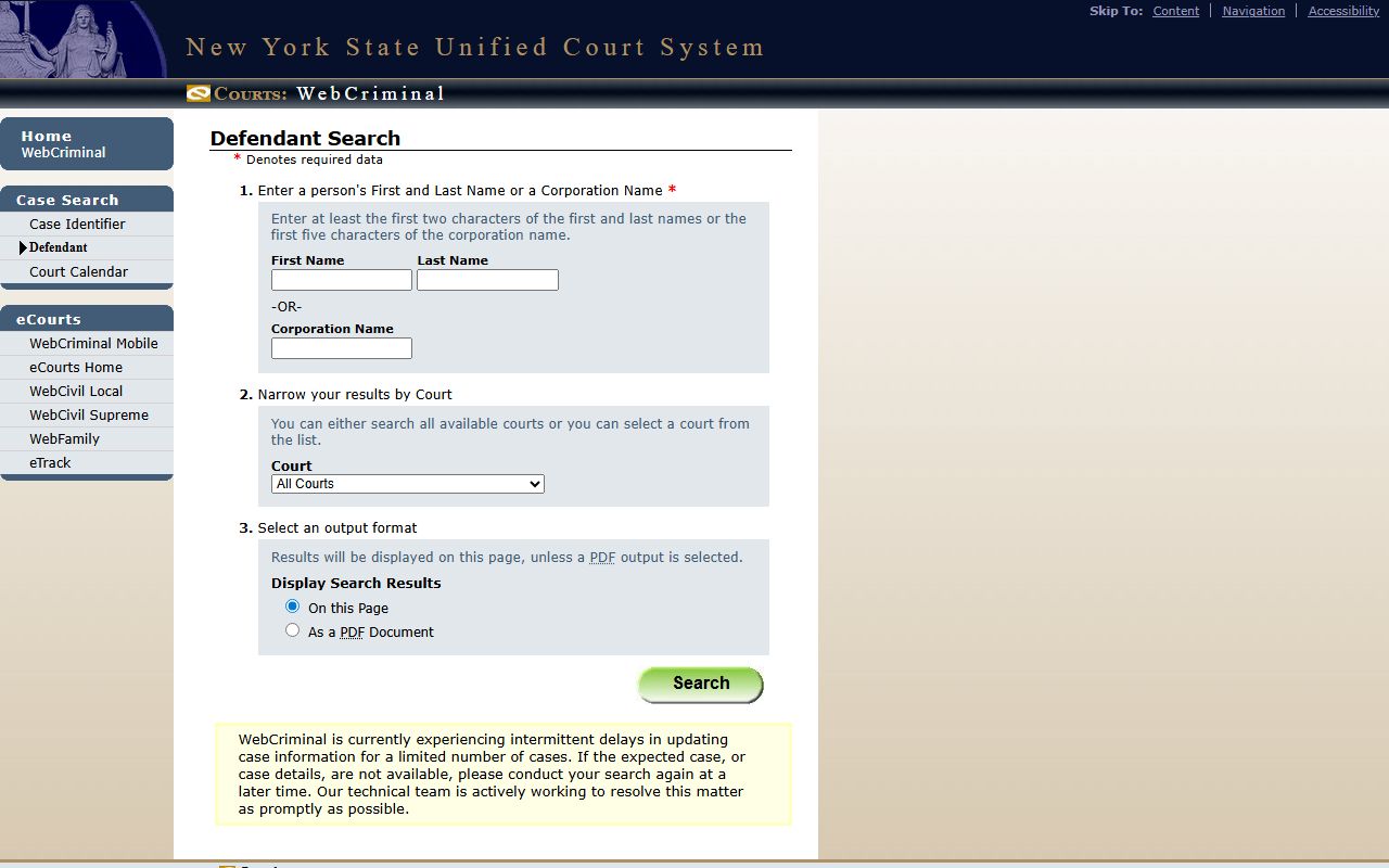 WebCriminal defendant search form with name fields, court dropdown, and display options