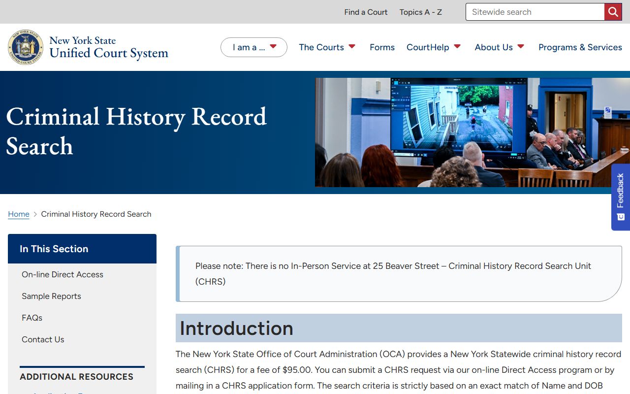 OCA Criminal History Record Search page showing fee, exact match rule, and sealed-record limitations